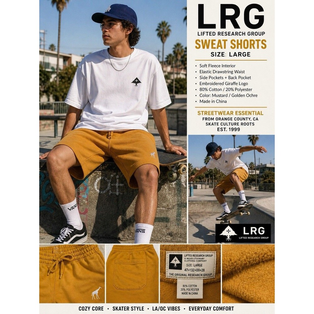 Lifted Research Group LRG Sweat Shorts L Mustard Streetwear LA OC SD Skatercore